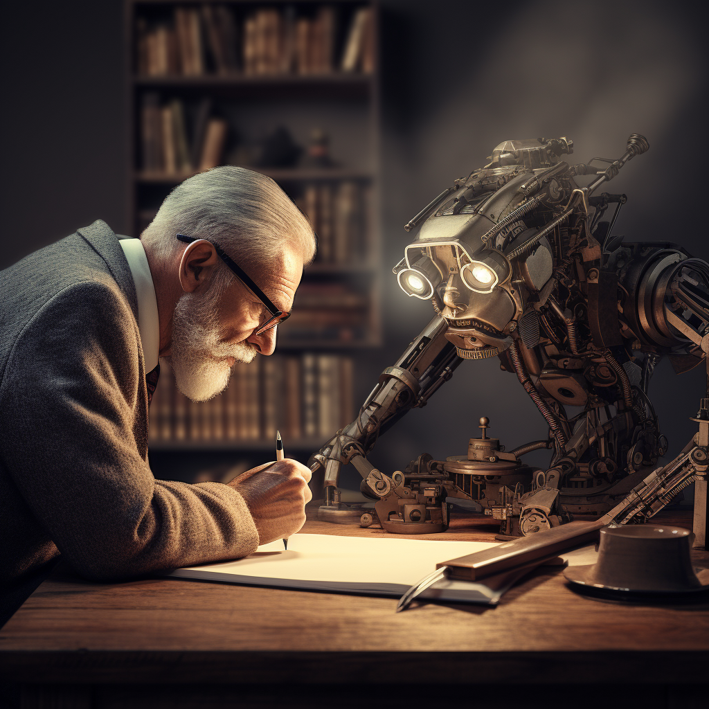 Professor and a robot writing together