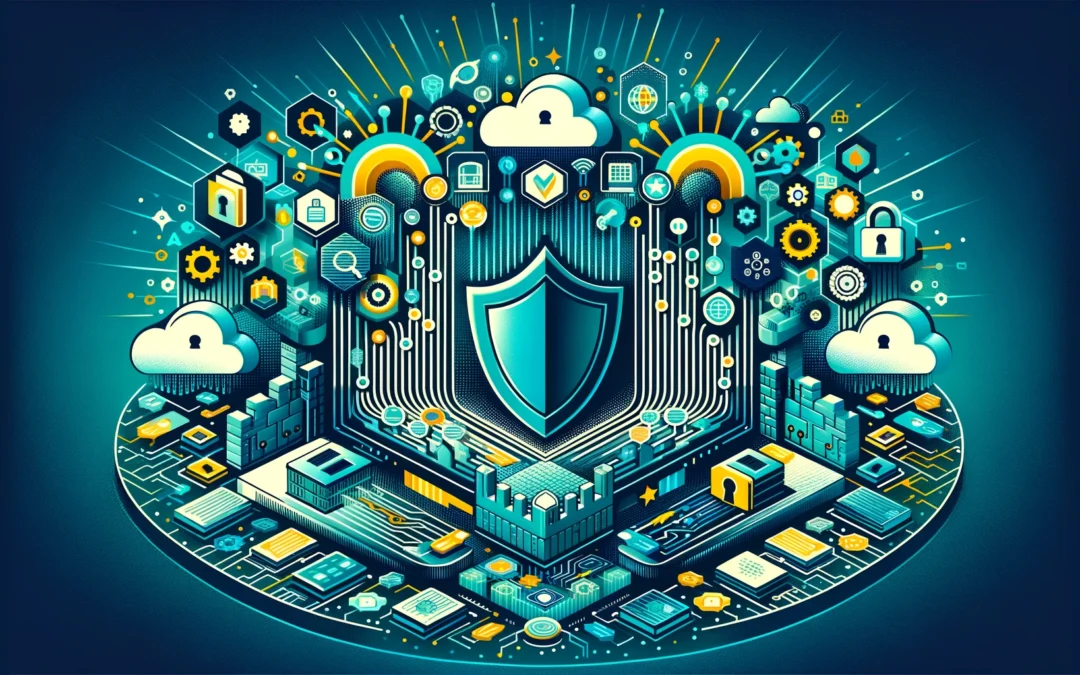 An illustration representing Data Loss Protection (DLP) through a visually engaging and tech-centric theme